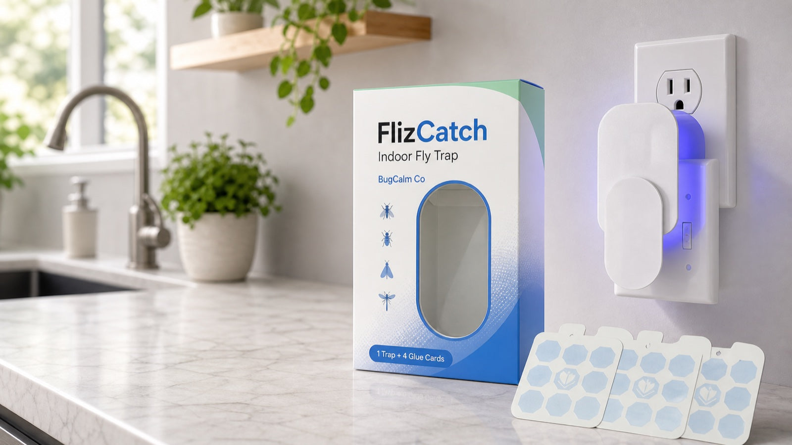 FlizCatch plug-in fly trap with starter box and hidden glue cards