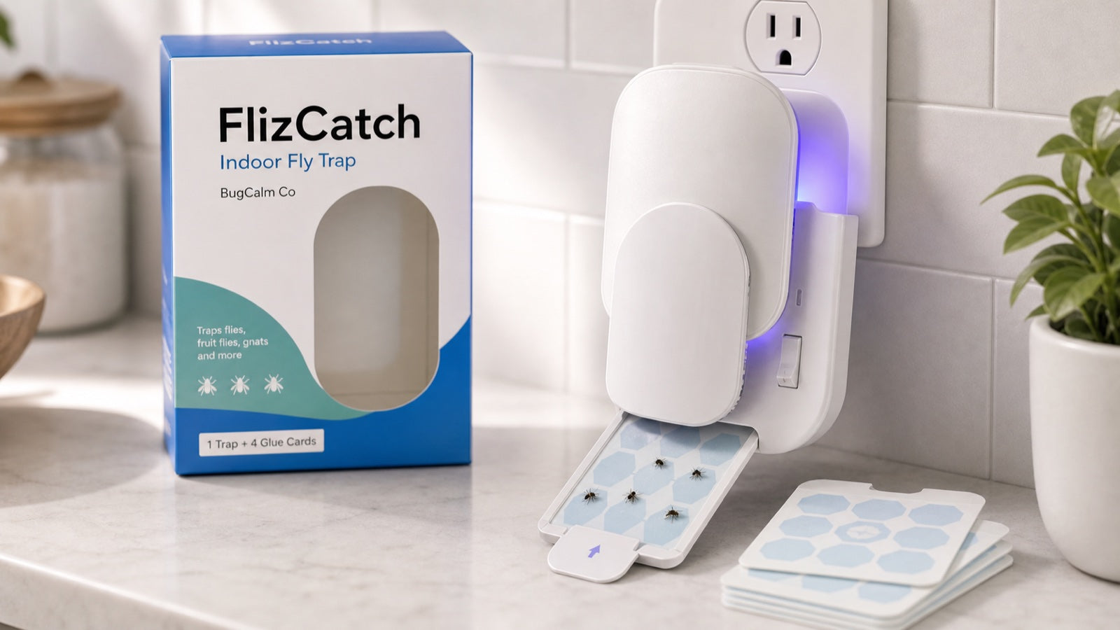 FlizCatch trap with hidden adhesive card and violet-blue glow
