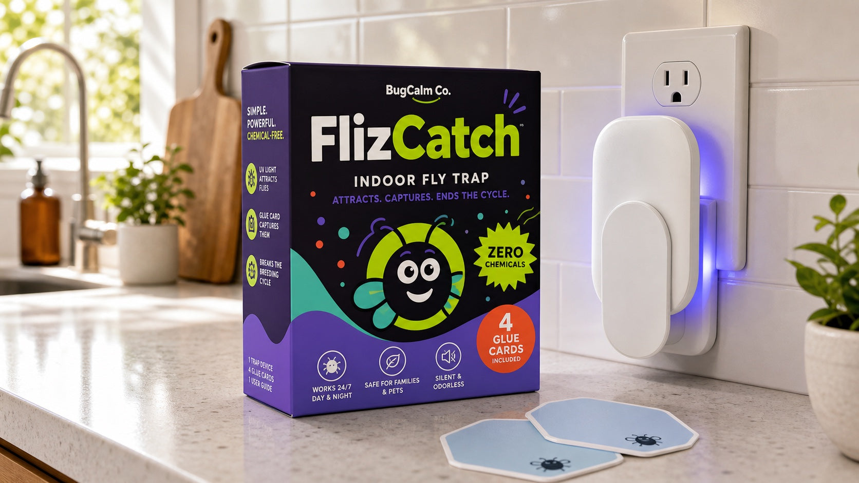FlizCatch plug-in fly trap with starter box and hidden glue cards