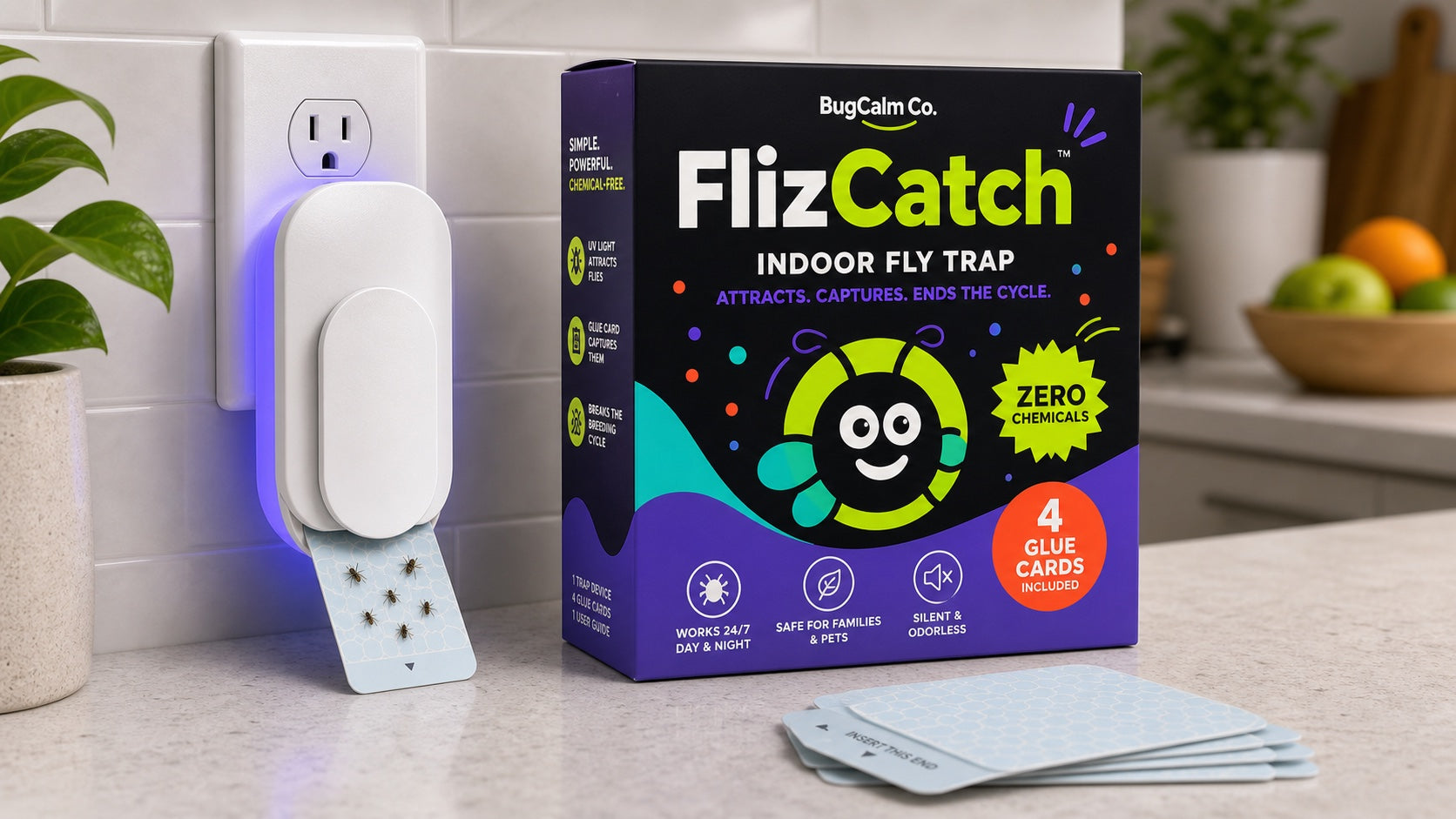 FlizCatch trap with hidden adhesive card and violet-blue glow