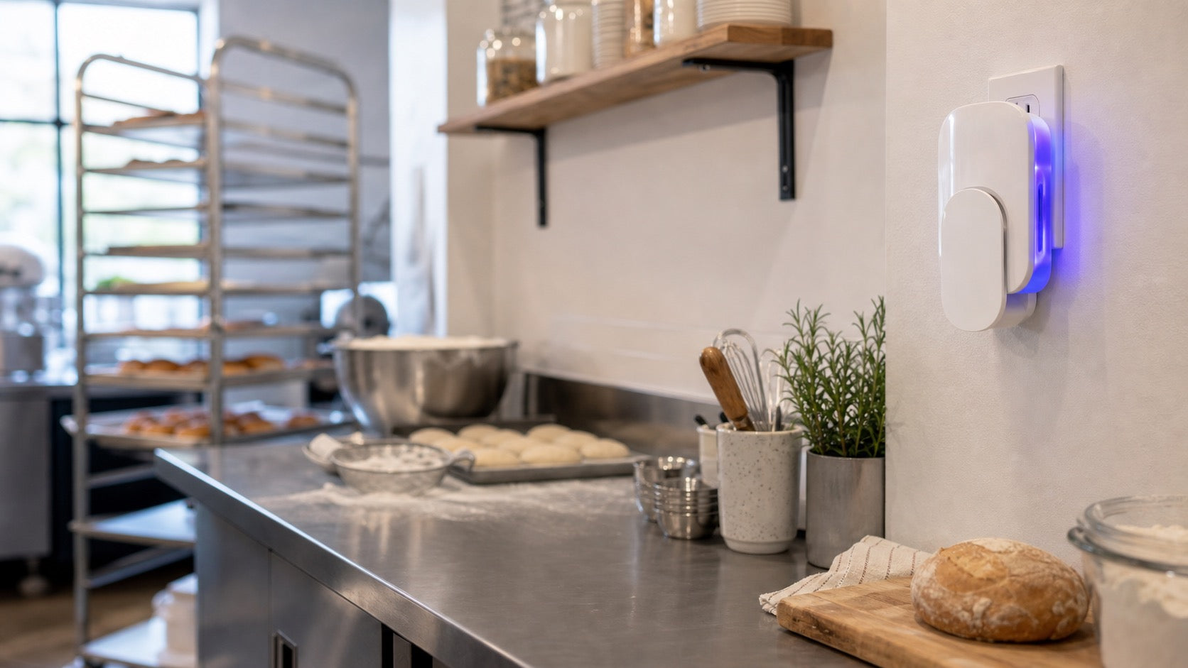 Clean bakery prep area using discreet non-toxic UV light capture