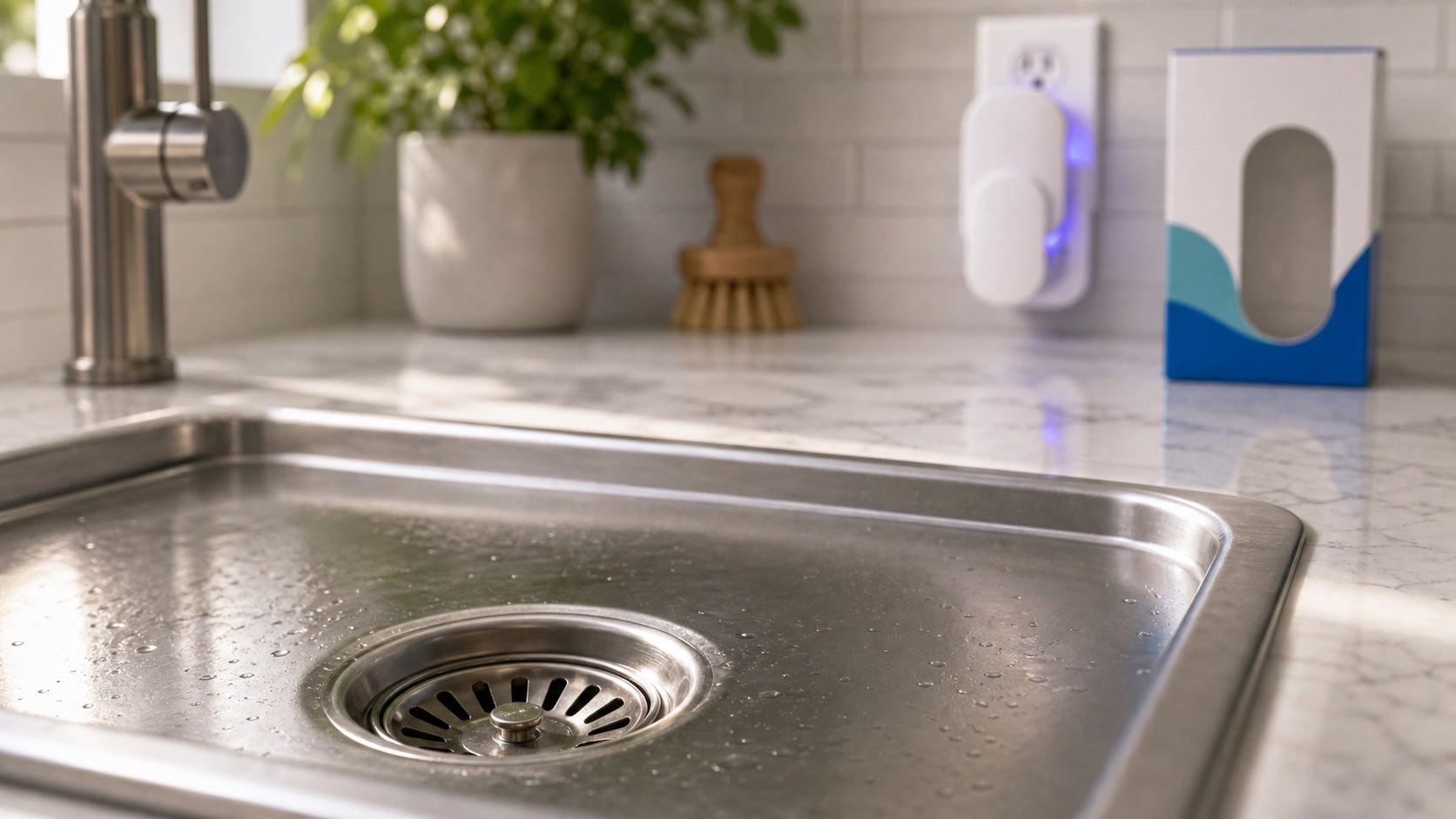 Spotless kitchen sink and drain area where hidden fly sources can start