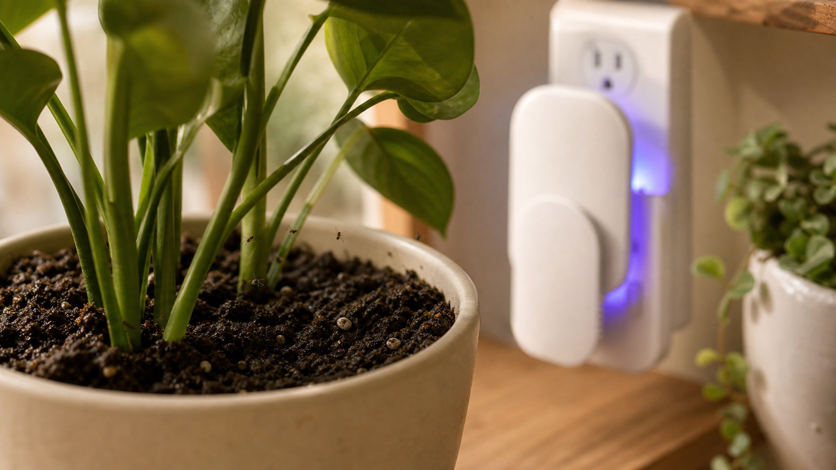 Gnats lifting from damp houseplant soil near a plug-in light trap