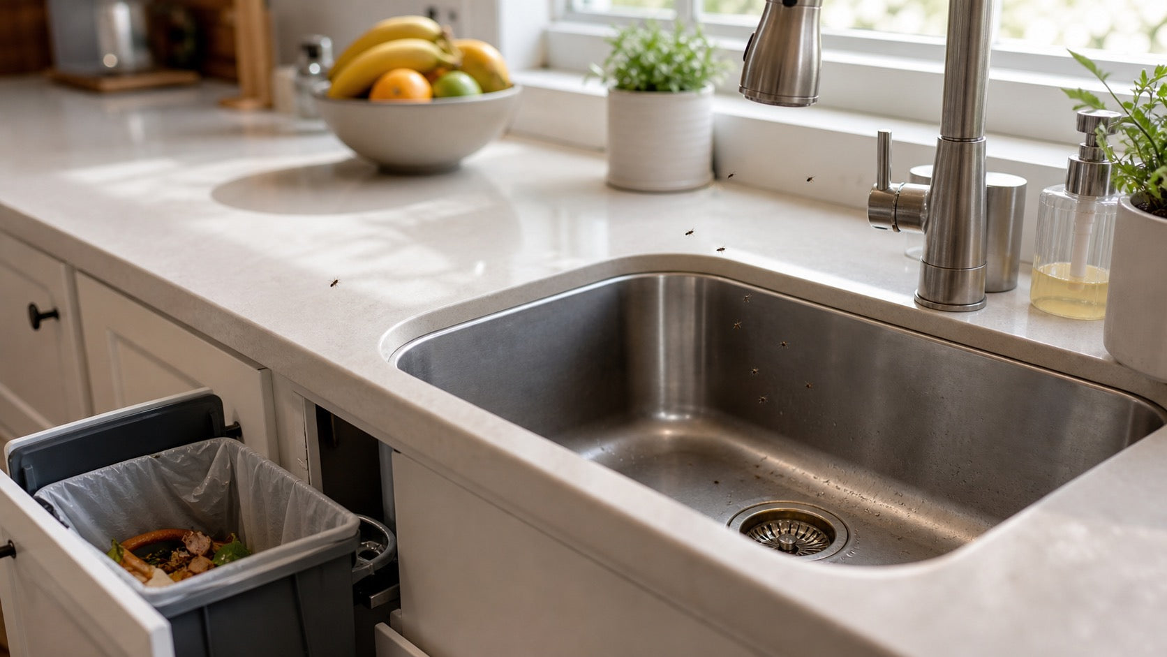 Spotless kitchen sink and counter with hidden moisture sources nearby