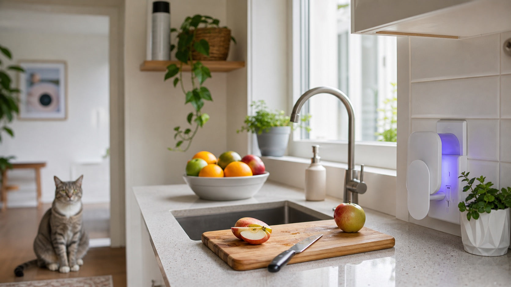 Clean kitchen with a quiet chemical-free light trap near fruit and pets