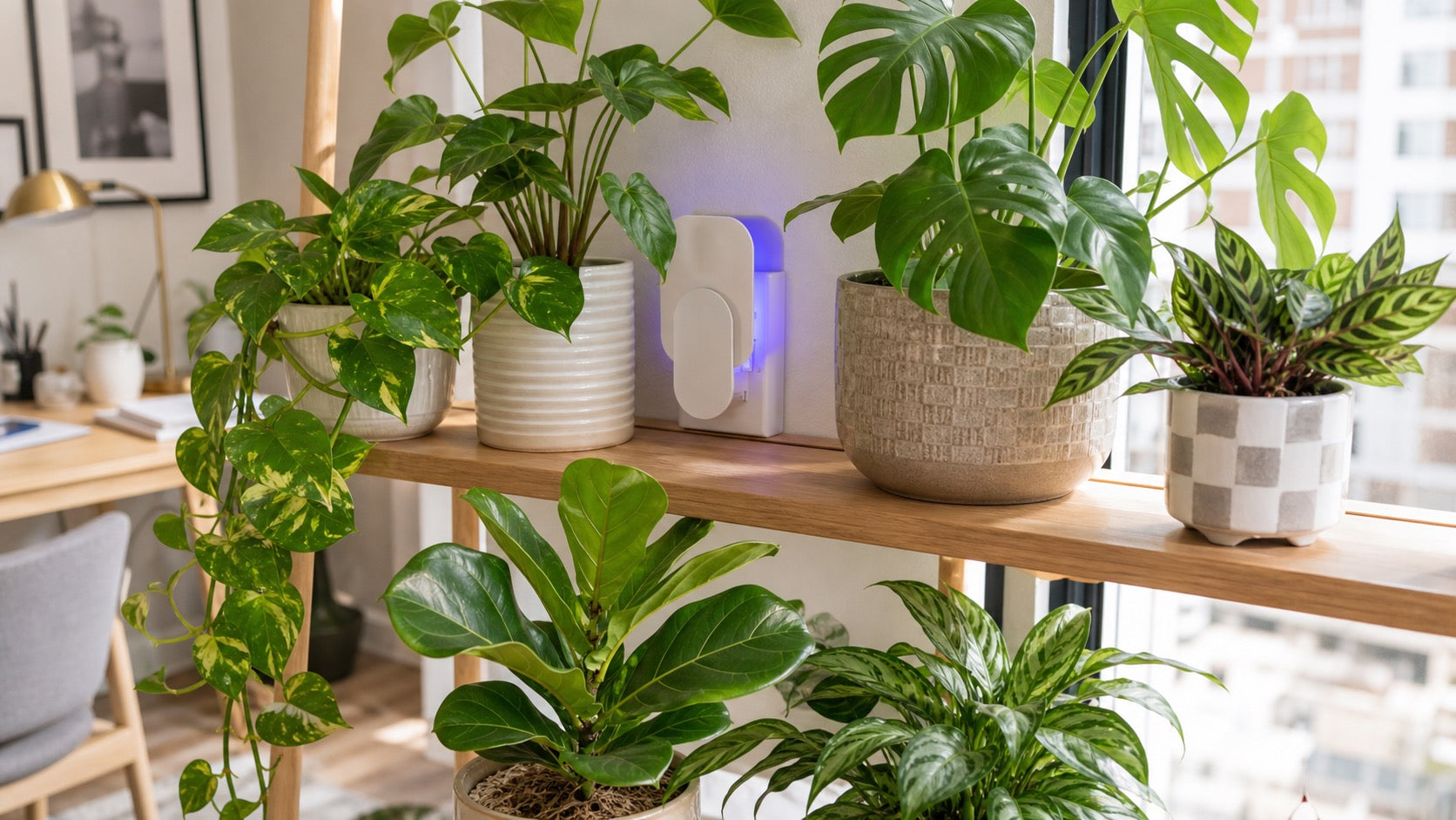 Thriving houseplant shelf with a quiet plug-in trap placed near the pots
