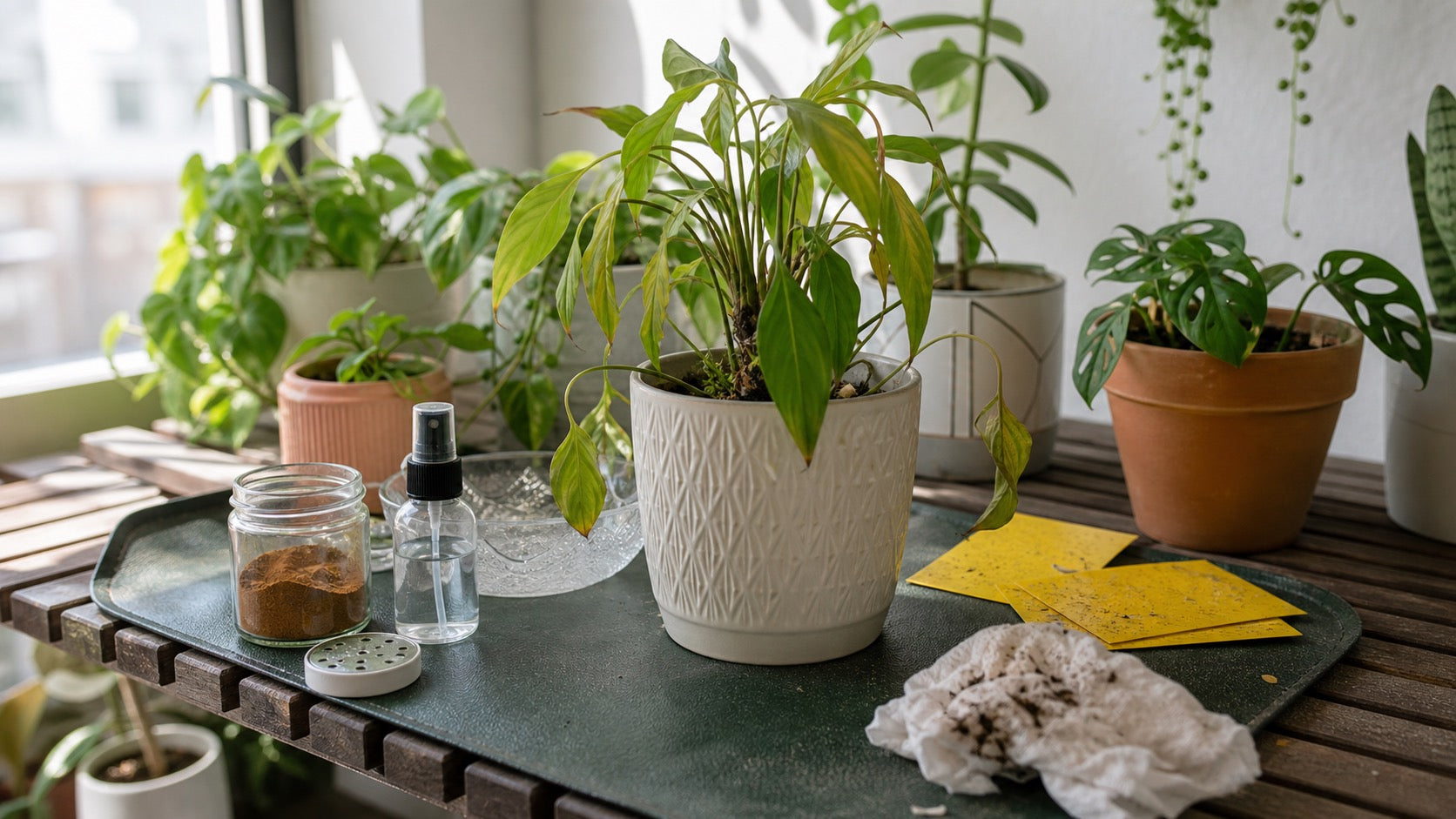 Common houseplant gnat remedies laid out beside stressed plants